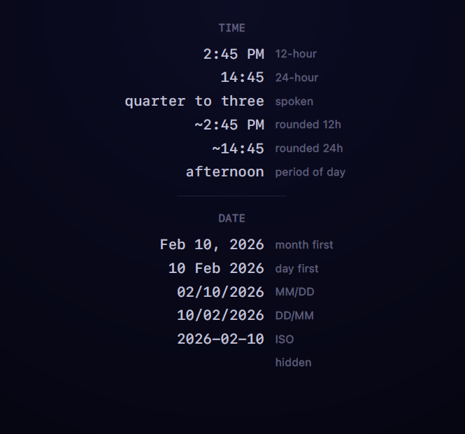 Screenshot of the in-app guide showing time and date display formats